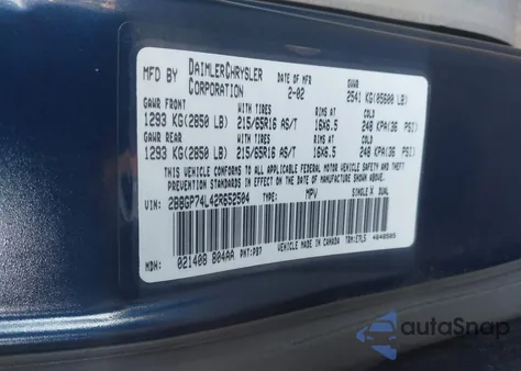 2002 Dodge Grand Caravan Ex z USA, uszkodzony, nr VIN 2B8GP74L42R652504